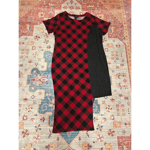 Ashley Stewart 18/20 red black‎ buffalo check asymmetrical holiday dress - Picture 7 of 8